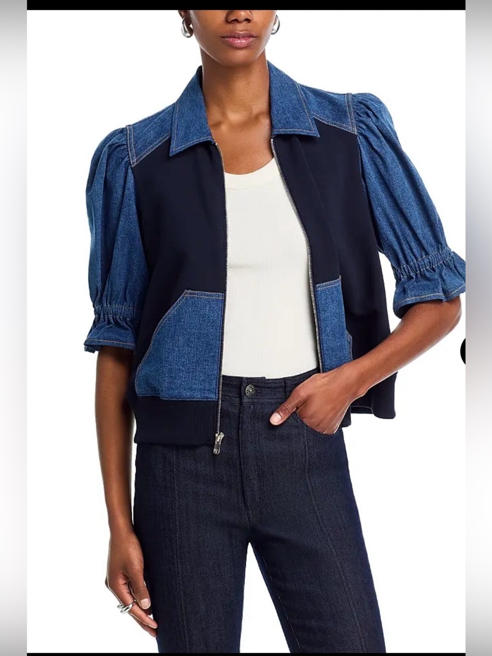 Cinq a Sept Denim Sleeve Zip Bomber Jacket in Blue & Black Like New